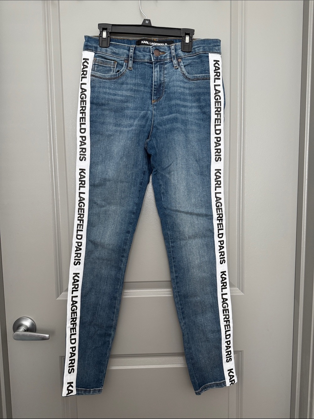 Karl Lagerfeld Blue Skinny Jeans with White Logo Side Stripes